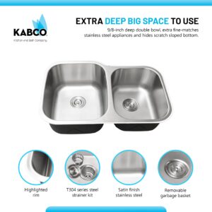 KABCO 32 Inch Stainless Steel 60/40 Double Unequal Bowl Classic Kitchen Sink, Extra Thick 16 Gauge Undermount Rust, Sound and Heatproof Sink with Sink Strainer and Removable Garbage Basket