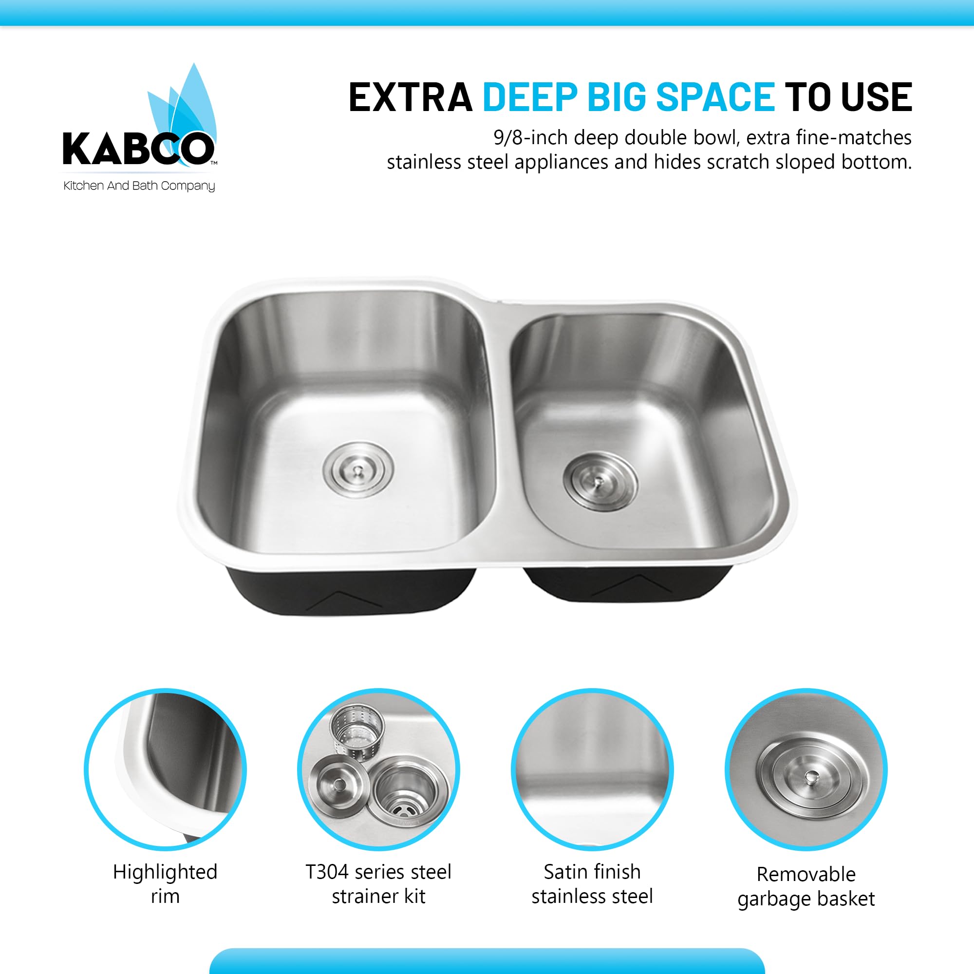 KABCO 32 Inch Stainless Steel 60/40 Double Unequal Bowl Classic Kitchen Sink, Extra Thick 16 Gauge Undermount Rust, Sound and Heatproof Sink with Sink Strainer and Removable Garbage Basket