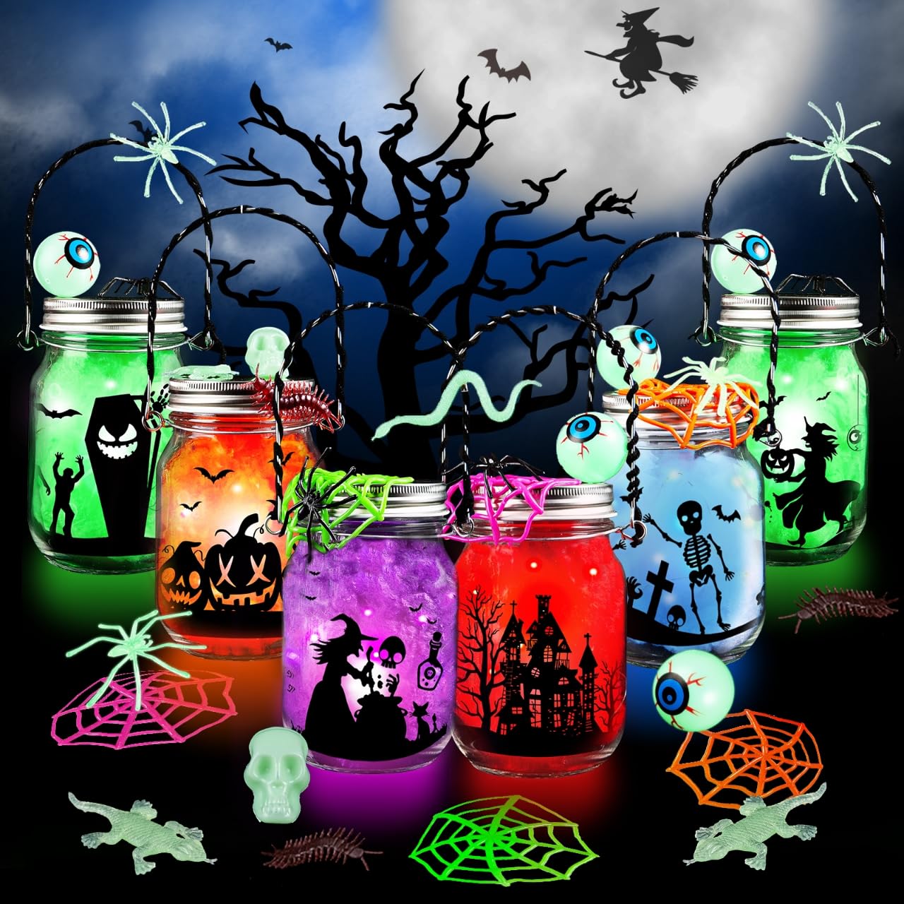 Shemira Halloween Craft Kit for Kids, 6 pcs Glass Mason Jar with Accessories for DIY Lantern Jar, Halloween Art & Craft Party Supplies, Halloween Art Activities,Halloween Craft and Art Party Supplies