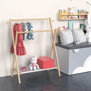 BAMBOOHOMIE Kids Clothing Rack, Small Clothes Rack for Toddler Pets, Kids Dress Up Rack with Storage Shelf & Double Rods, Foldable Kids Clothes Rack for Nursery Child's Room (Regular Size)