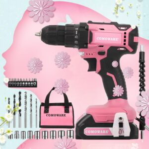 COMOWARE Cordless Drill Set, 20V Power Drill, Pink Drill Set for Women, 1 Battery & Charger, 3/8" Keyless Chuck, 2 Variable Speed, 266 In-lb Torque, 25+1 Position, with Pink Storage Bag