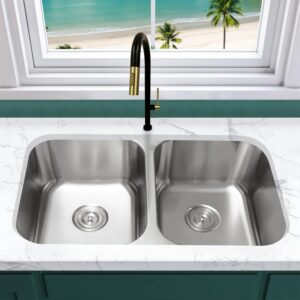 kabco 32 inch stainless steel double equal bowl classic kitchen sink, extra thick 16 gauge undermount rust, sound and heatproof sink with sink strainer and removable garbage basket