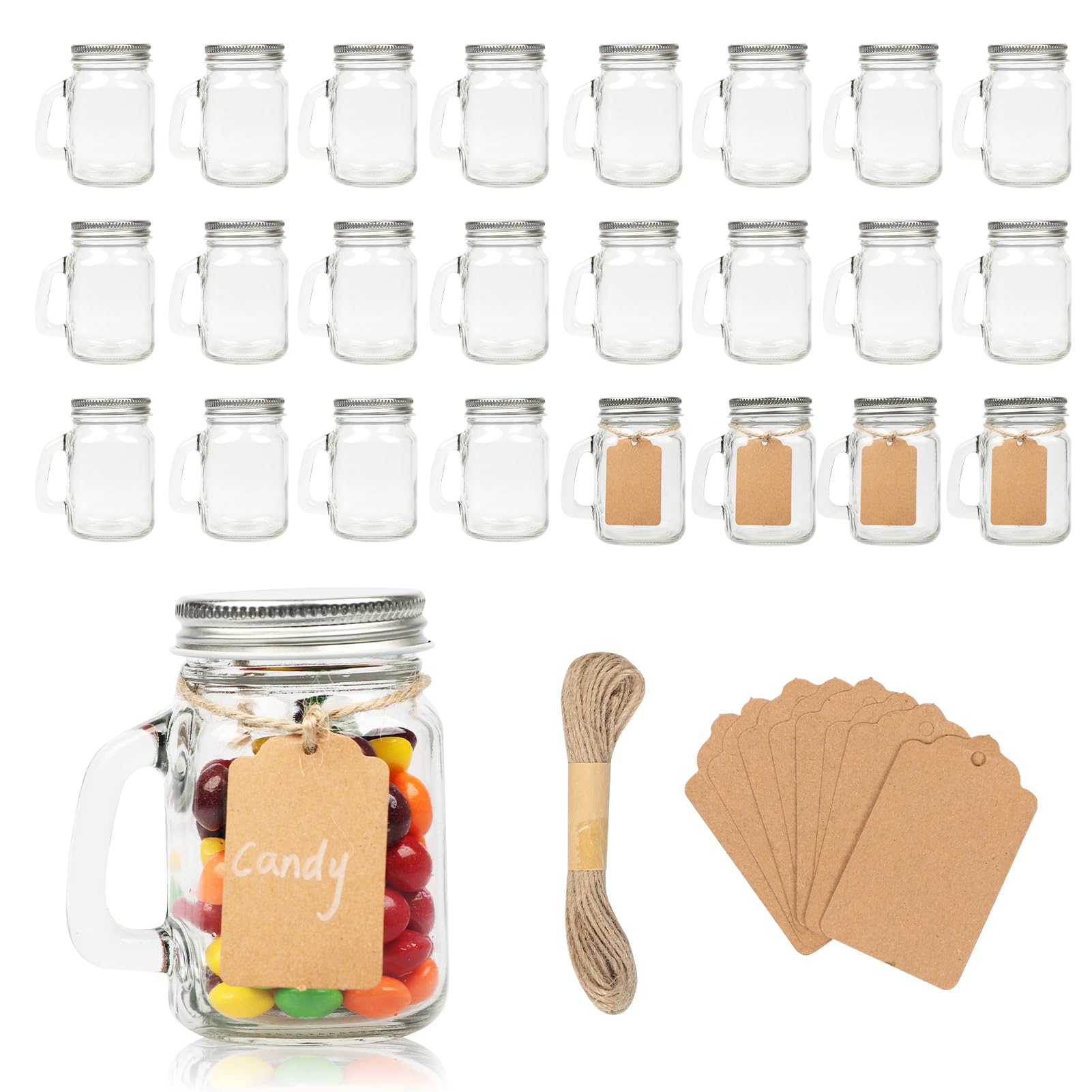 Homelike Style 4 oz Small Mason Jar Mugs with Handle, Mini Glass Jars with Airtight Metal Lids, 24 Pack Empty Glass Mugs with Kraft Paper Gift Tag for Party Wedding Favor