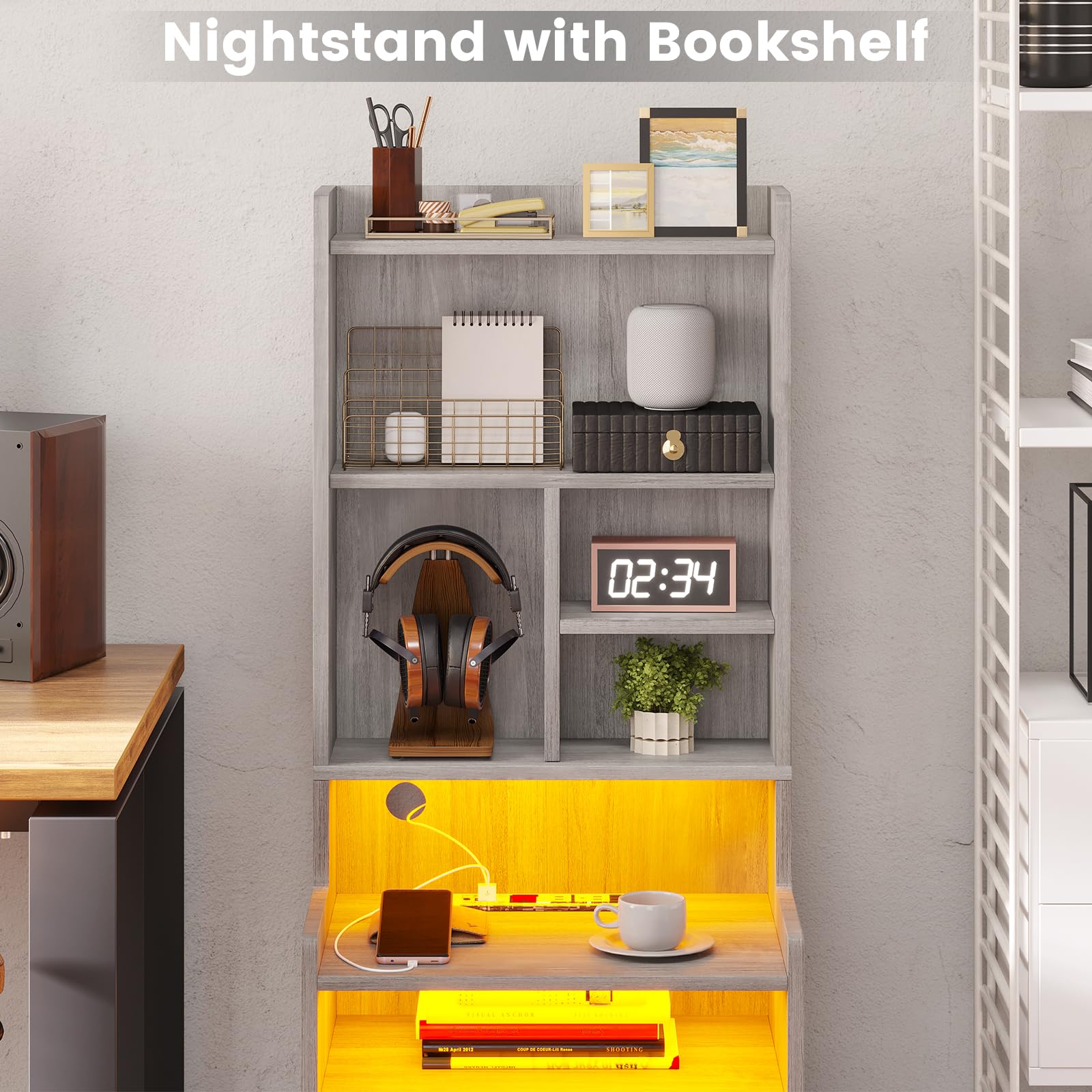 BTHFST Tall Nightstand with Charging Station and LED Lights, LED Gray Nightstand with Drawers and Shelves, Tall Bedside Table with Bookshelf, Side End Table with Storage, Grey