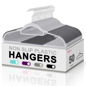 house day plastic hangers 50 pack, plastic clothes hangers non slip hangers, heavy duty plastic hangers with 360° swivel hook, ultra thin hangers space saving, gray hangers for closet