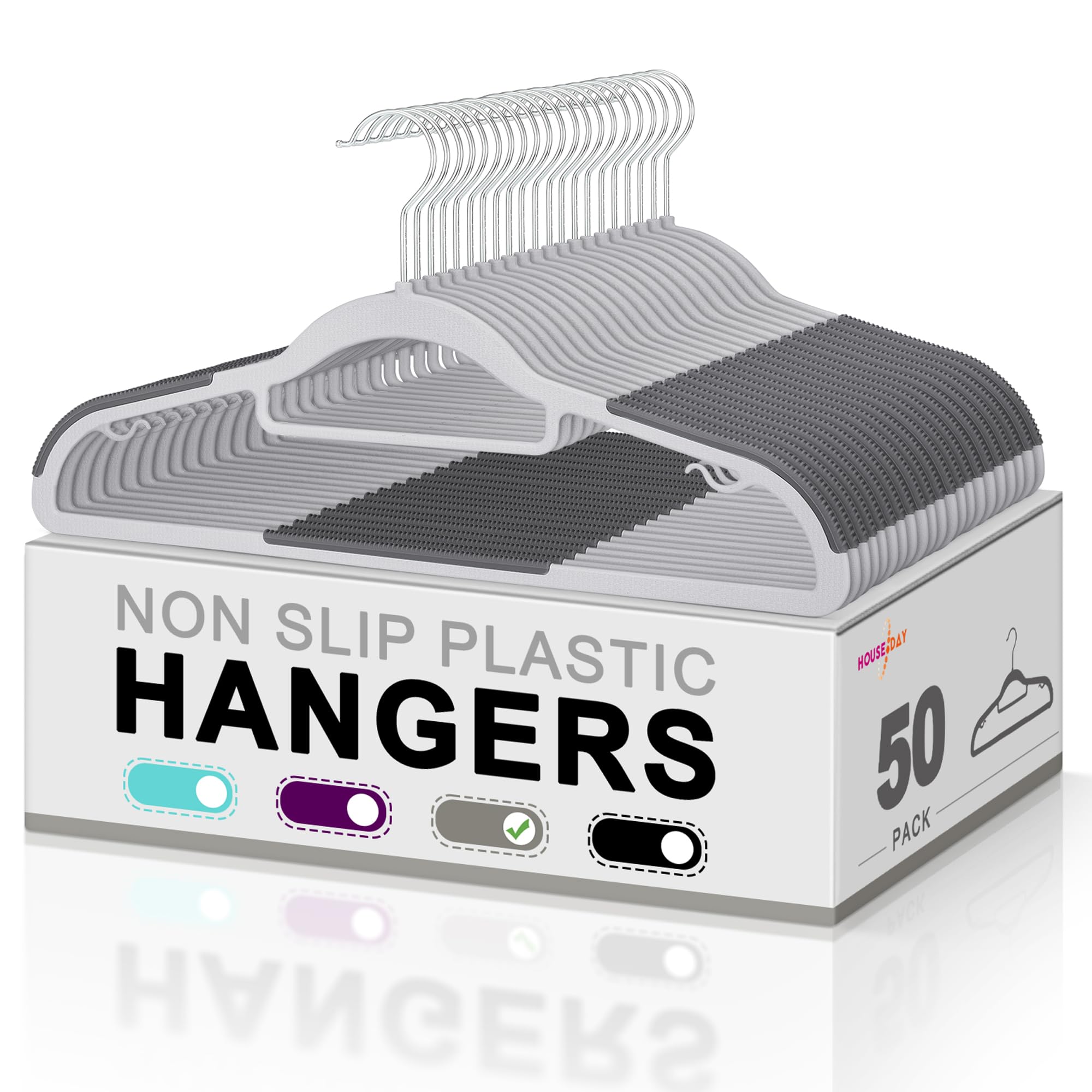 HOUSE DAY Plastic Hangers 50 Pack, Plastic Clothes Hangers Non Slip Hangers, Heavy Duty Plastic Hangers with 360° Swivel Hook, Ultra Thin Hangers Space Saving, Gray Hangers for Closet