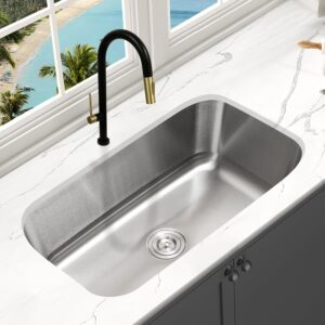 kabco 30 inch stainless steel single bowl classic kitchen sink, extra thick 16 gauge undermount rust, sound and heatproof sink with sink strainer and removable garbage basket