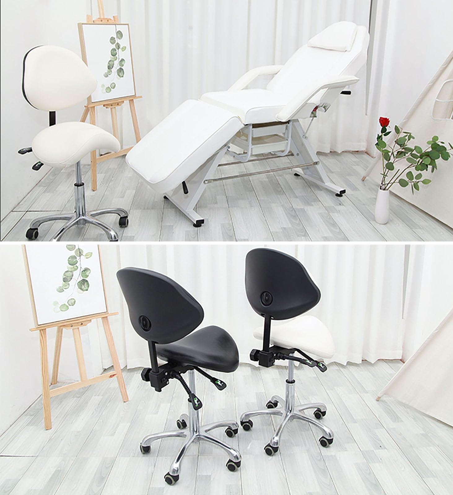 NUNETH Medical Dental Saddle Stool Chair White Black, Rolling Chair with Back Support, Ergonomic Salon Saddle Chair on Wheels with Hydraulic Lift (Color : White)