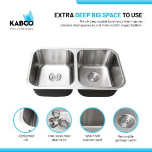 KABCO 32 Inch Stainless Steel Double Equal Bowl Classic Kitchen Sink, Extra Thick 16 Gauge Undermount Rust, Sound and Heatproof Sink with Sink Strainer and Removable Garbage Basket