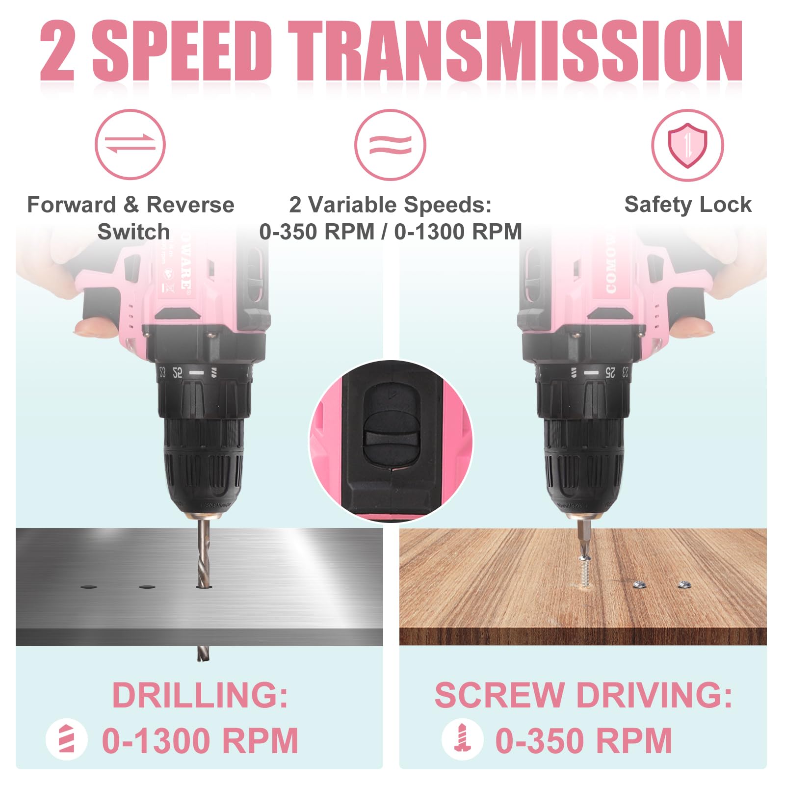 COMOWARE Cordless Drill Set, 20V Power Drill, Pink Drill Set for Women, 1 Battery & Charger, 3/8" Keyless Chuck, 2 Variable Speed, 266 In-lb Torque, 25+1 Position, with Pink Storage Bag