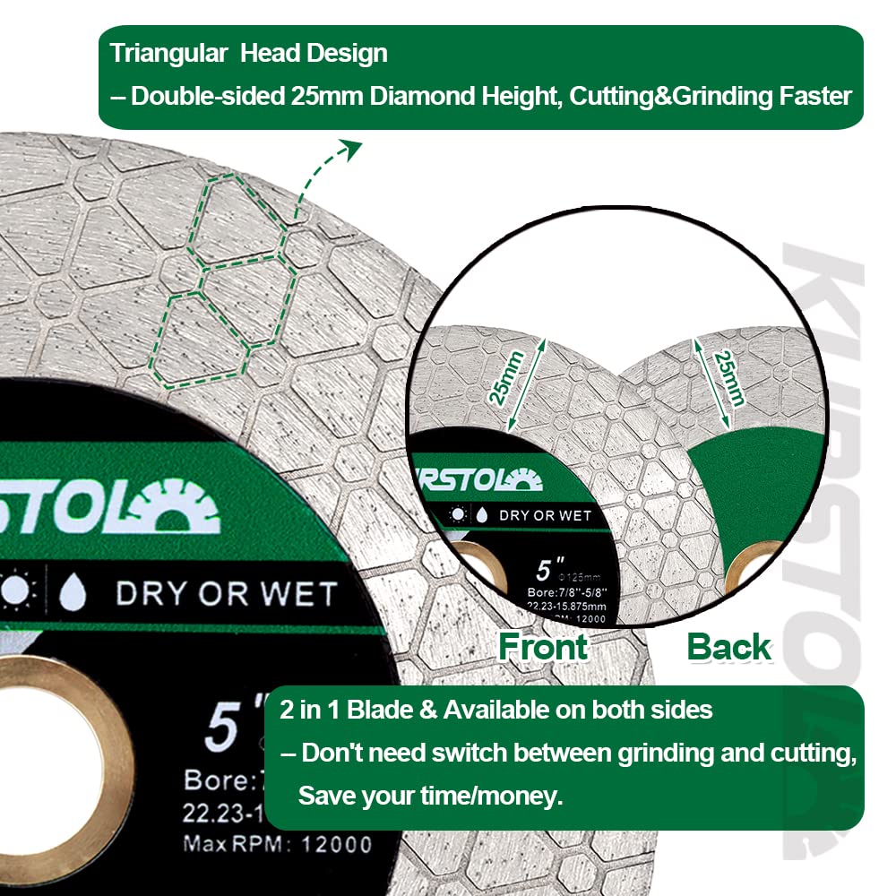 KURSTOL Diamond Cutting Disc - 4.5"/115mm Dual-Purpose Tile Diamond Saw Blade,Angle Grinder Blade Arbor 7/8"-5/8" for Cutting and Grinding Ceramic Tiles,Porcelain,Granite,Marble