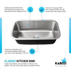 KABCO 30 Inch Stainless Steel Single Bowl Classic Kitchen Sink, Extra Thick 16 Gauge Undermount Rust, Sound and Heatproof Sink with Sink Strainer and Removable Garbage Basket