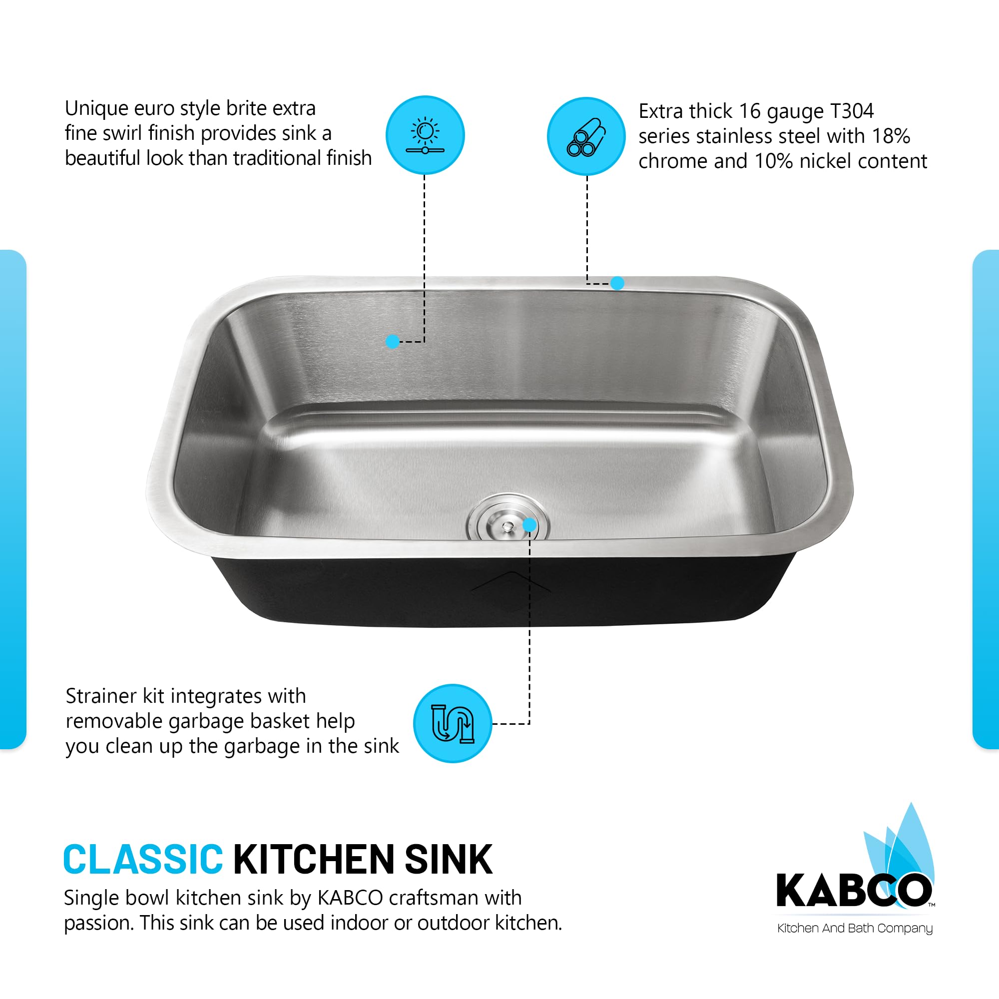 KABCO 30 Inch Stainless Steel Single Bowl Classic Kitchen Sink, Extra Thick 16 Gauge Undermount Rust, Sound and Heatproof Sink with Sink Strainer and Removable Garbage Basket