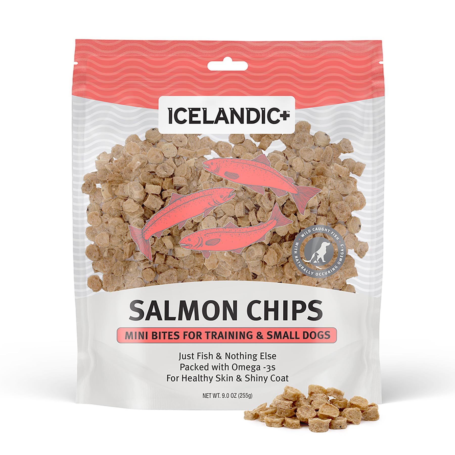 Icelandic+ Mini Fish Chips: Salmon 9oz - Dog Treats, for Training & Small Dogs, 2 Ingredient Air-Dried Crunchy Chips