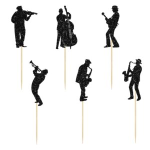 Gyufise 24Pcs Musician Cupcake Toppers Glitter Saxophone Silhouette Music Play Note Cupcake Picks Music Concert Cake Decorations for Wedding Engagement Bridal Shower Birthday Party Supplies Black