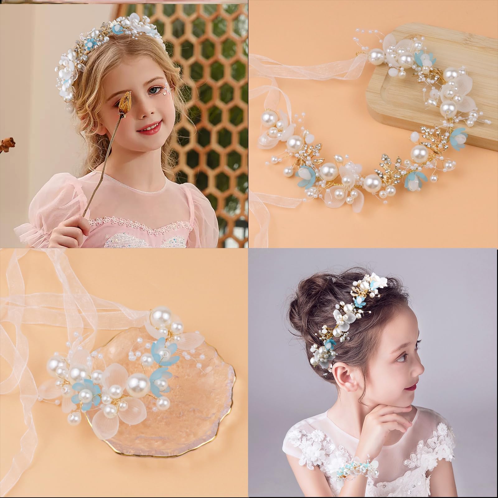 LAPOHI Rhinestone Pearl Flower Headpieces for Girls - Fairy Crystal Flower Crown, Wedding Bridal Tiara for Women