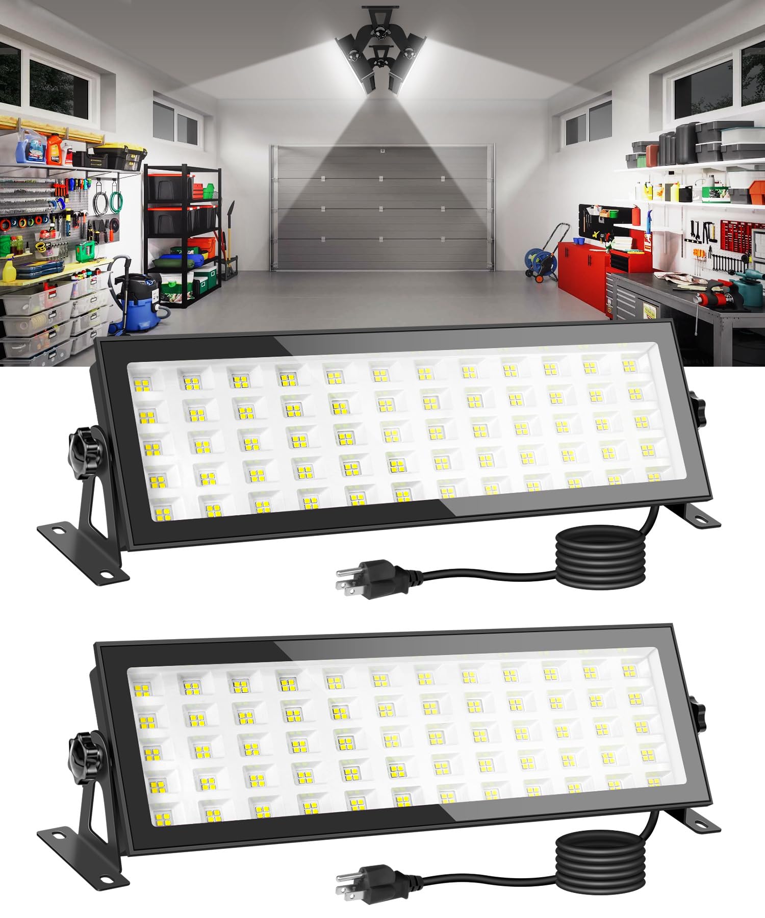 2 Pack 120W LED Shop Lights, 1000W Equiv 16000lm Super Bright LED Garage Light, IP66 Waterproof Outdoor Flood Light with Plug, 5000K Daylight White LED High Bay Light for Workshop Yard Garage Factory