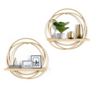 oakrain small floating shelves set of 2, wall mounted hanging shelf with gold metal and wood, round wall shelves for storage, living room decor, bathroom, kitchen, bedroom, office