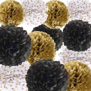 gaka black gold tissue paper pom poms decoration 12 inch and 10 inch for birthday bachelorette wedding baby shower bridal shower party 12pc 3 colors