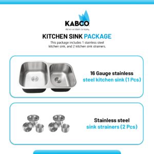 KABCO 32 Inch Stainless Steel 60/40 Double Unequal Bowl Classic Kitchen Sink, Extra Thick 16 Gauge Undermount Rust, Sound and Heatproof Sink with Sink Strainer and Removable Garbage Basket