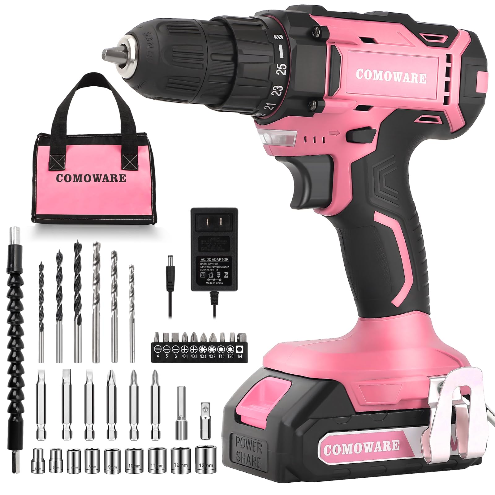 COMOWARE Cordless Drill Set, 20V Power Drill, Pink Drill Set for Women, 1 Battery & Charger, 3/8" Keyless Chuck, 2 Variable Speed, 266 In-lb Torque, 25+1 Position, with Pink Storage Bag