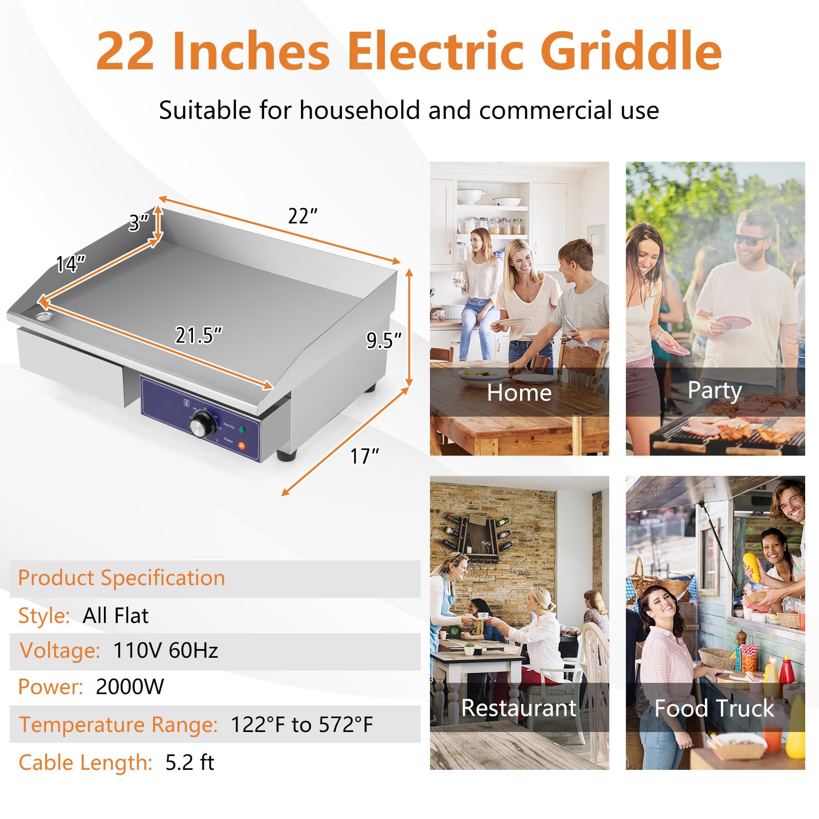 Giantex Commercial Griddle, 22" Electric Griddle 2000W, Cast Iron Griddle, Stainless Steel Frame, 122℉-572℉ Adjustable Temperature Control, Removable Oil Storage Box, Restaurant Teppanyaki Grill