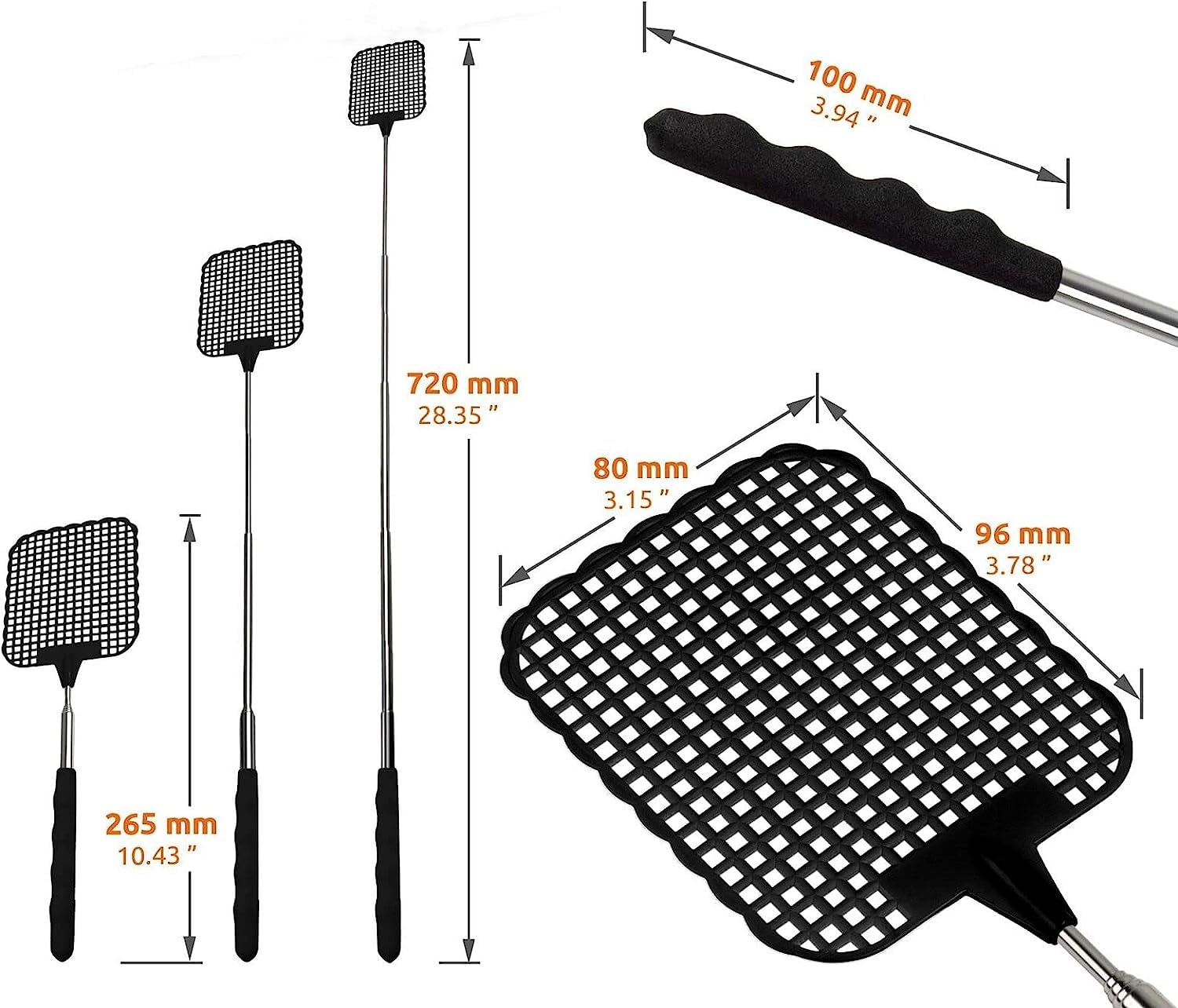 2PCS Telescopic Fly Swatters, Durable Plastic Fly Swatter Heavy Duty Set, Telescopic Flyswatter with Stainless Steel Handle 26cm - 72cm