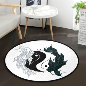 koi fish yin yang japanese area rug round 3 ft washable for bedroom living room black white carp circle rug mat non slip carpet decor floor mat for bathroom kitchen dorm