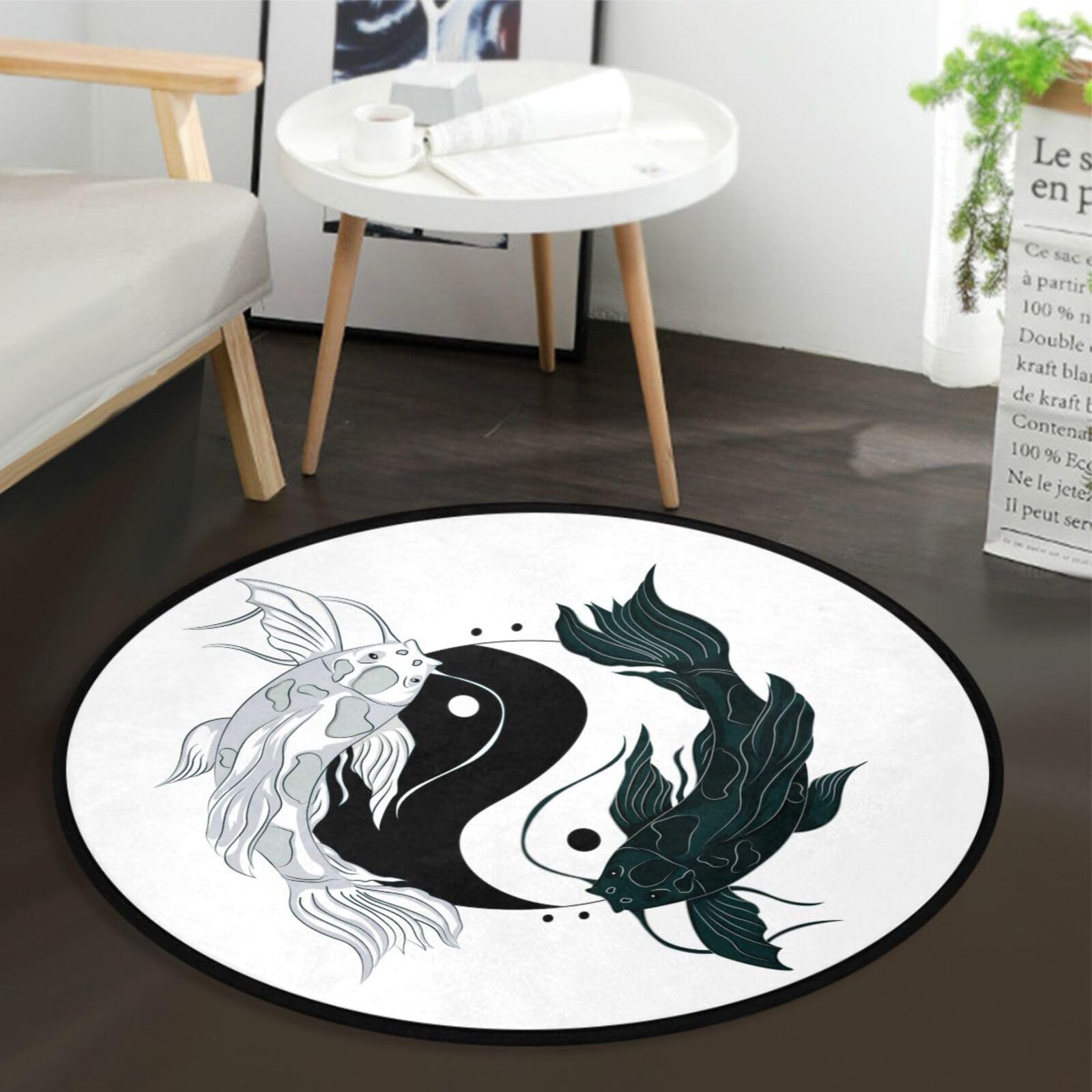 Koi Fish Yin Yang Japanese Area Rug Round 3 ft Washable for Bedroom Living Room Black White Carp Circle Rug Mat Non Slip Carpet Decor Floor Mat for Bathroom Kitchen Dorm