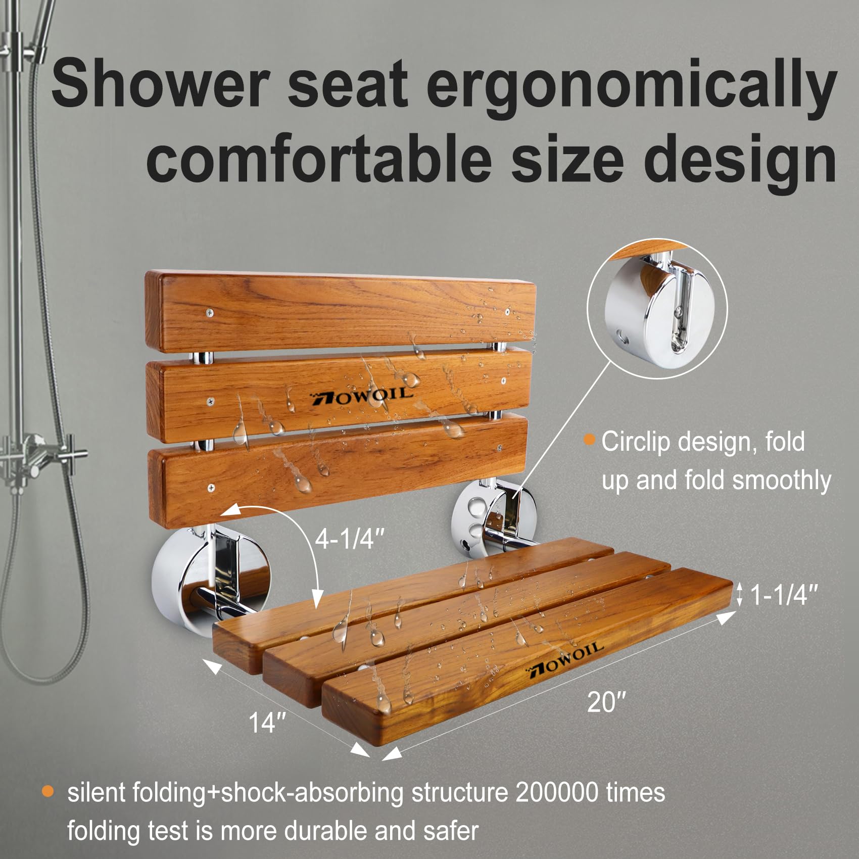 Aowoil 20'' Teak Shower seat/Teak Folding Shower seat/Folding Teak Shower seat Wall Mounted/Teak Shower Bench/Teak Shower seat/Folding Shower seat Wall Mounted/Teak Folding Shower Seats