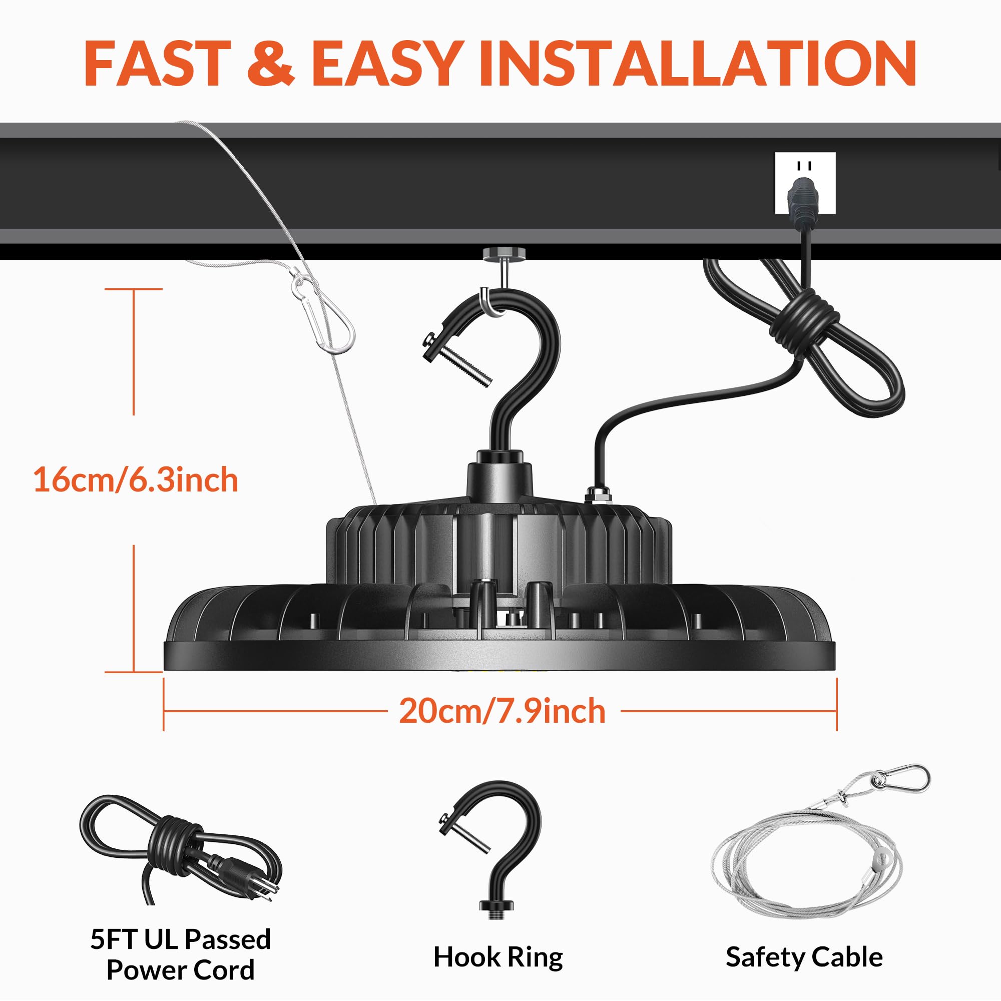 SHINEWOO LED High Bay Light 150W 21,000lm 5000K Daylight 600W MH/HPS Equivalent with US Plug 5’ Cable Waterproof UFO Commercial Warehouse Workshop Garage Factory Area Lighting Fixture