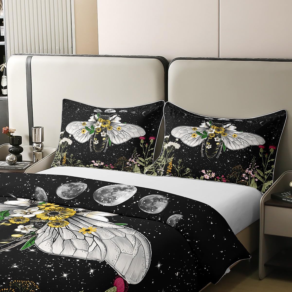 jejeloiu Sun Moon Duvet Cover 100% Cotton Queen Size Death Moth Bedding Cotton Duvet Cover Set for Bedroom Skull Decor Sunflowers Botanical Blossom Black Yellow Bedding Set