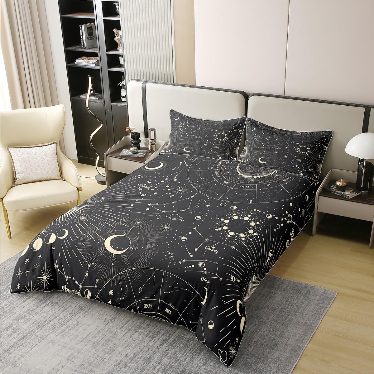 jejeloiu Sun Moon Duvet Cover 100% Cotton Queen Size 1 Panel Boho Exotic Bedding Cotton Duvet Cover Set Solar System Galaxy Astrology Space Bedspread Cover