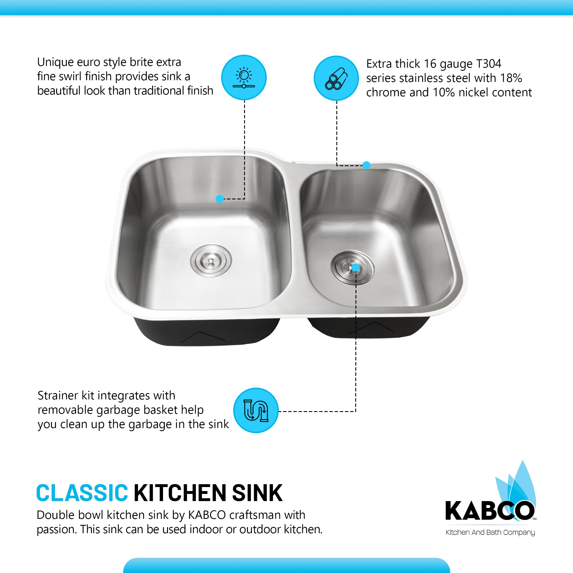 KABCO 32 Inch Stainless Steel 60/40 Double Unequal Bowl Classic Kitchen Sink, Extra Thick 16 Gauge Undermount Rust, Sound and Heatproof Sink with Sink Strainer and Removable Garbage Basket