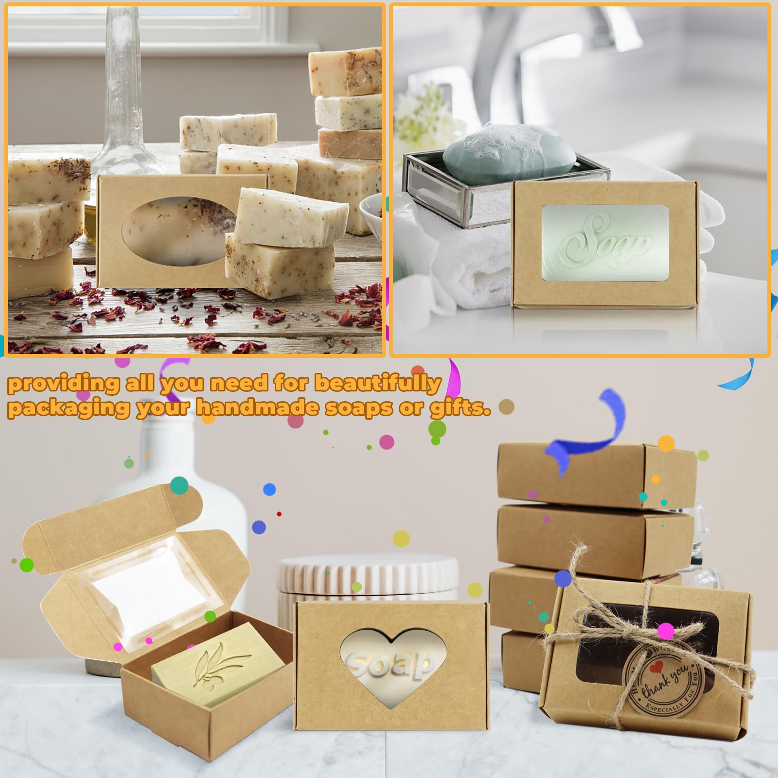 RYKOMO 60 PCS Soap Boxes for Homemade Soap 3.55 X 2.4 X 1.2 Inch Small Soap Packaging Boxes Kraft Soap Box with Window Mini Soap Gift Boxes for Homemade Soap Bakery Candy Cookies Packaging