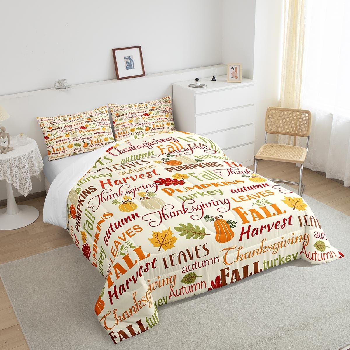 Fall Pumpkin Comforter Set King Size,Nature Farmhouse Plants Quilt Set 3Pcs,Rustic Maple Leaves Bedding Set for Kids Girls Boys Teens Room Decor,Thanksgiving Day Duvet Insert,2 Pillowcases