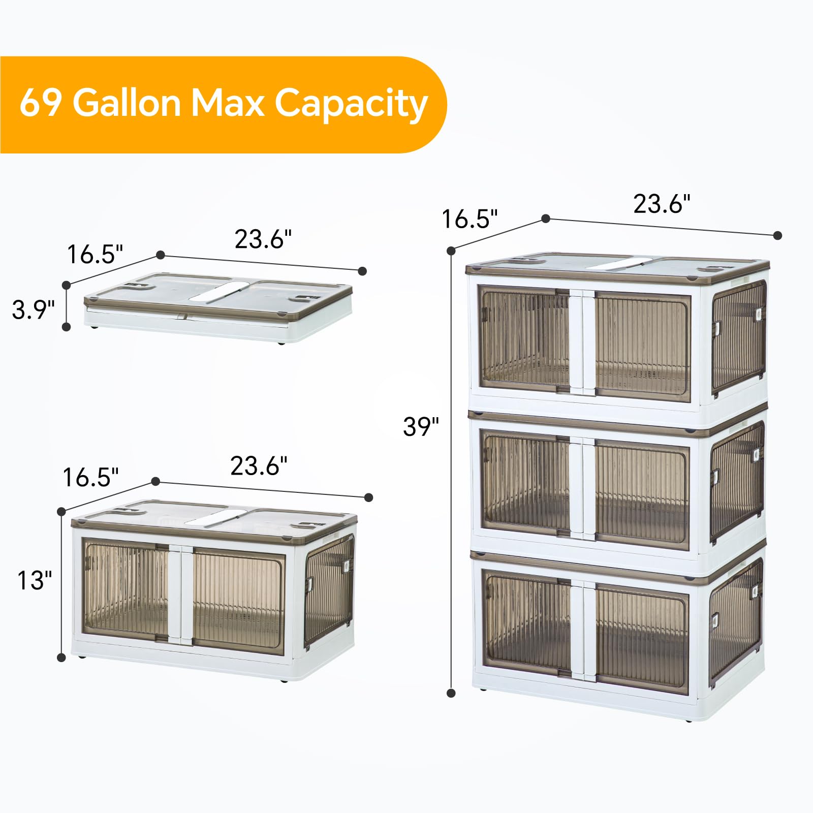 Collapsible Storage Bins 3 Tier 92 Qt Each- Plastic Stackable Storage Bins with Lids and Wheels, 276 Qt/ 69 Gal Large Foldable Organization and Storage Box for Home and Office, White