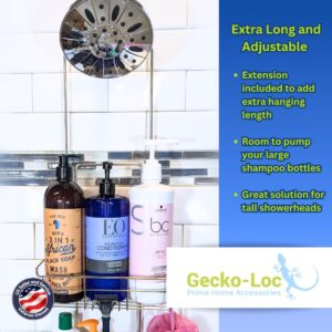 Gecko-Loc Adjustable Hanging Shower Caddy with Adhesive Storage Rack - Over Shower Head Hanger - for Shampoo, Soap, & Razors - Silver