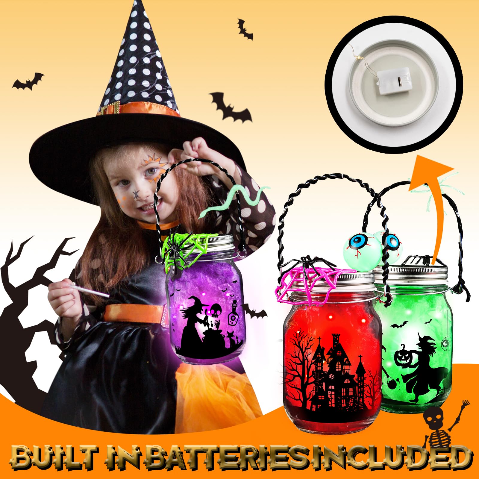 Shemira Halloween Craft Kit for Kids, 6 pcs Glass Mason Jar with Accessories for DIY Lantern Jar, Halloween Art & Craft Party Supplies, Halloween Art Activities,Halloween Craft and Art Party Supplies