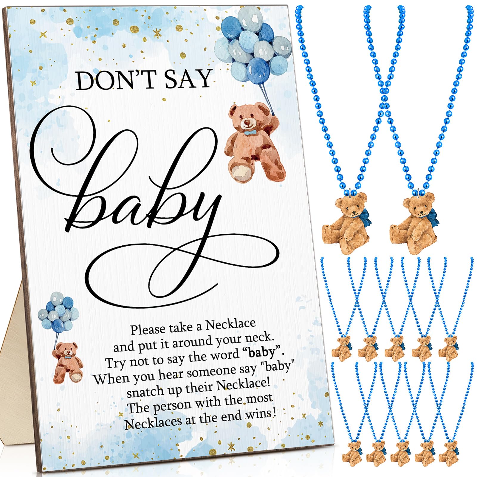 Roowest 51 Don't Say Baby Shower Game Including Blue Bear Theme Baby Game Sign and 50 Bear Felt Necklaces Gifts for Gender Reveal Party Favors Baby Shower Prizes