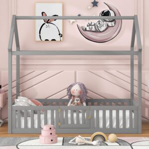 Bellemave Twin Size Montessori House Bed for Kids, Wood Floor Beds with Fence Railings & Door, Twin Playhouse Bed for Boys Girls, Box Spring Needed, Gray Wash