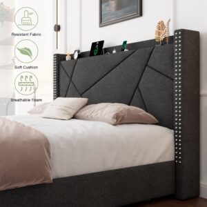 Feonase Upholstered Storage Bed Frame Queen Size with 4 Drawers, Platform Bed with Charging Station & Wingback Headboard, Solid Wood Slats Support, Dark Gray