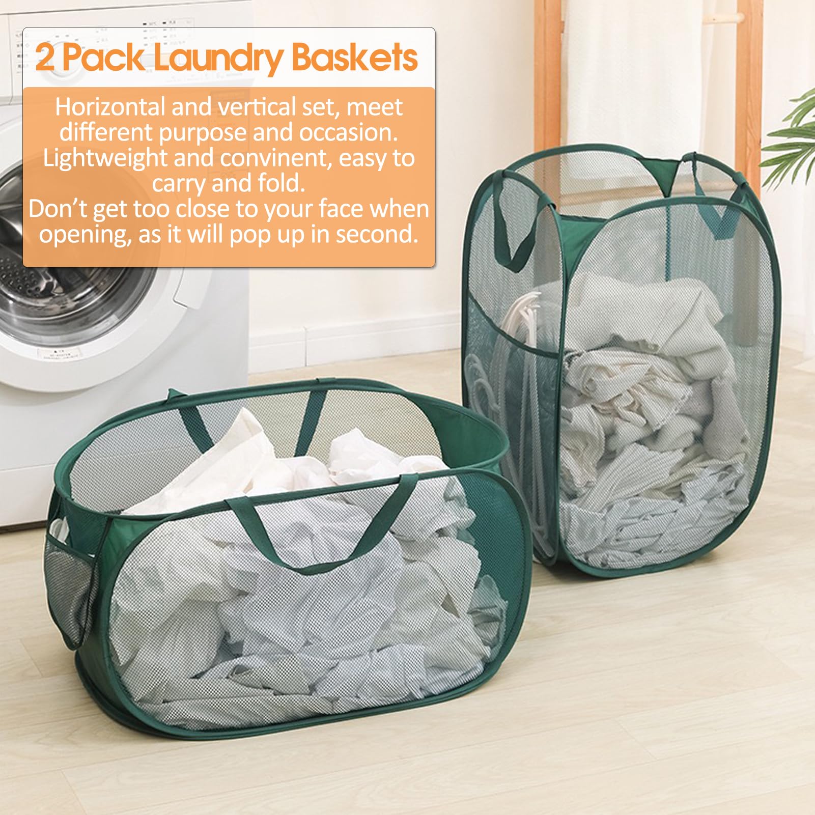 2 Pack Laundry Hamper Baskets, Collapsible Laundry Baskets Durable Tear-resistant with Side Pocket Reinforced Carry Handles green