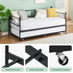 IDEALHOUSE Metal Daybed Frame with Trundle Heavy Duty Metal Slats/Mattress Foundation Platform Sofa Bed with Headboard for Bedroom, Twin, Black