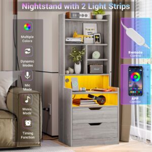 BTHFST Tall Nightstand with Charging Station and LED Lights, LED Gray Nightstand with Drawers and Shelves, Tall Bedside Table with Bookshelf, Side End Table with Storage, Grey