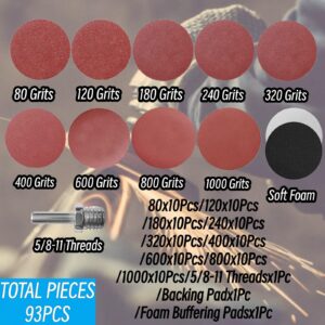 5 inch Sanding Discs Hook and Loop with 90PCS Sandpaper, Soft Foam Buffering Pads, Drill Sanding Attachment, 80/120/180/240/320/400/600/800/1000 Grits Sandpaper for Wood Metal Car Polishing