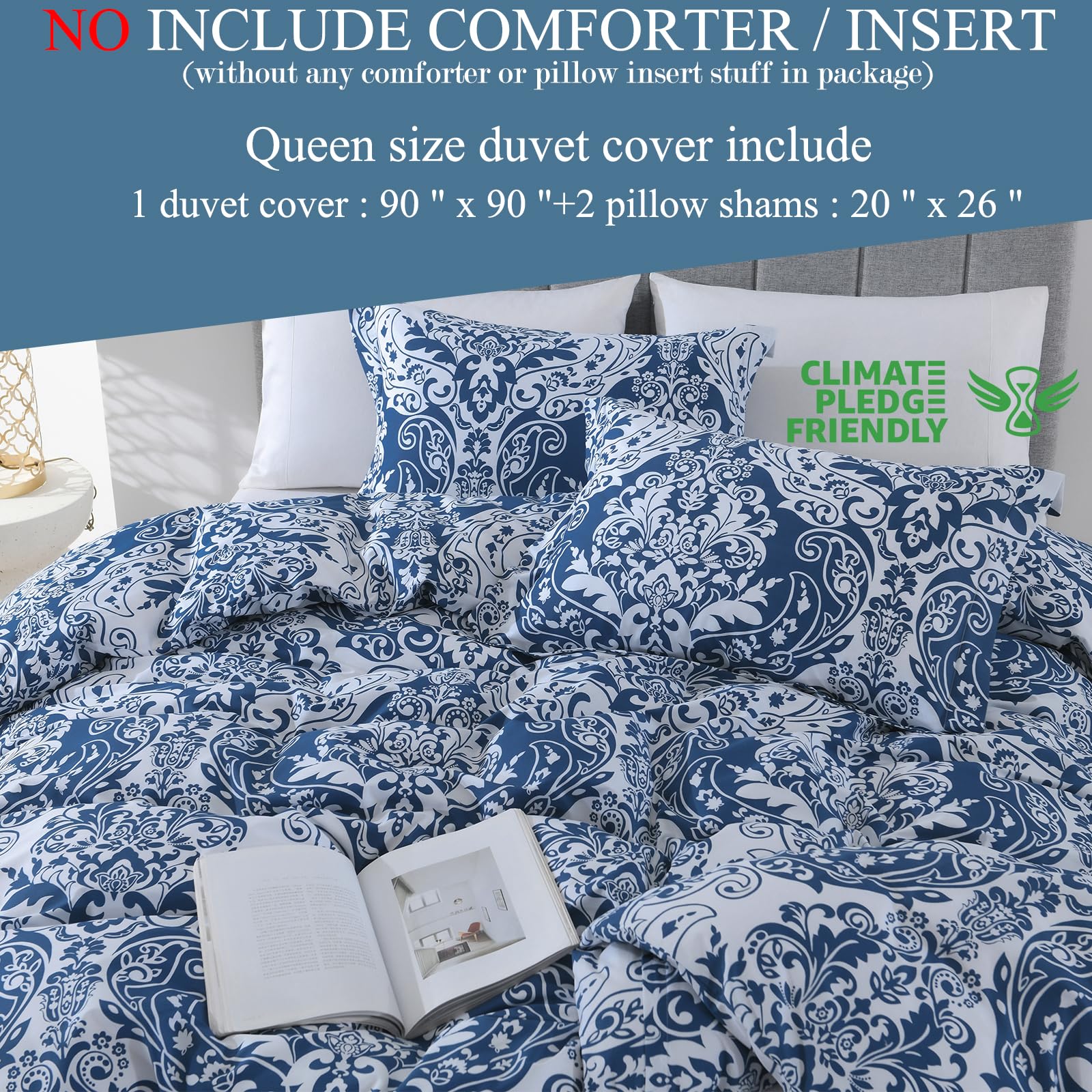 Quilta Navy Duvet Cover Queen - 100% Cotton Queen Duvet Cover Set Damask Duvet Cover 3pcs Soft & Lightweight with Zipper Closure & 8Ties for All Seasons 90 x 90 (No Comforter)