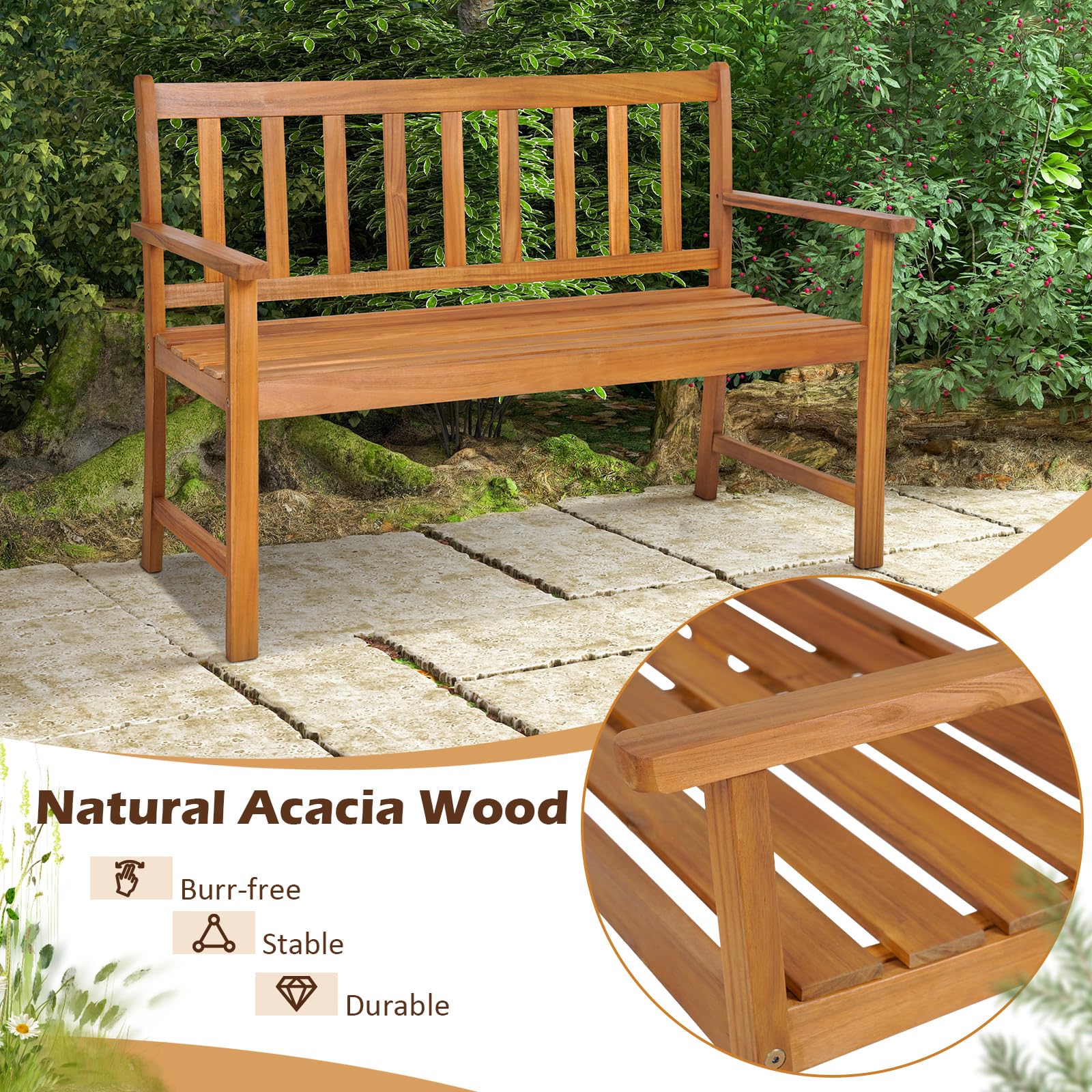 Tangkula Outdoor Acacia Wood Bench, 2-Person Garden Bench with Backrest and Armrests, Garden Bench with Slatted Seat for Porch, Park, Backyard, 800 Lbs Max Load, 48” L x 22” W x 34” H, Natural