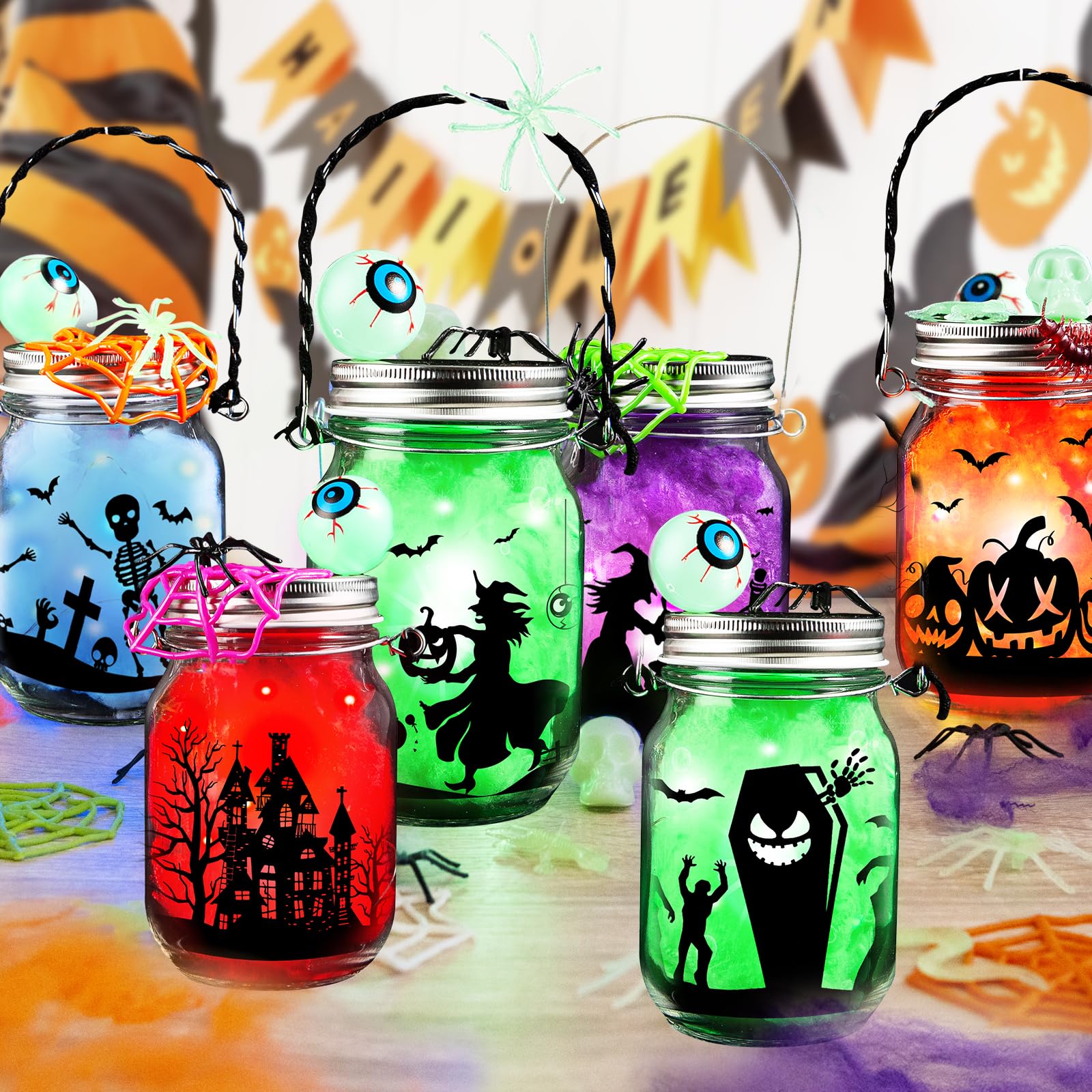 Shemira Halloween Craft Kit for Kids, 6 pcs Glass Mason Jar with Accessories for DIY Lantern Jar, Halloween Art & Craft Party Supplies, Halloween Art Activities,Halloween Craft and Art Party Supplies