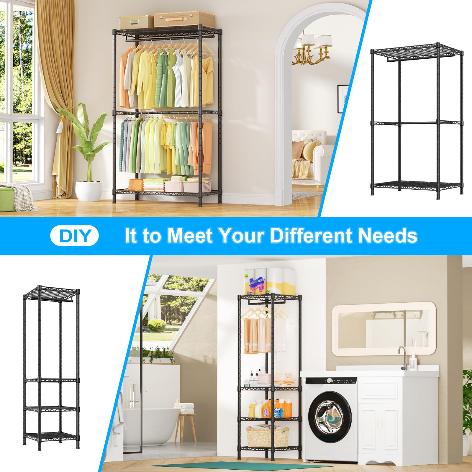 Ulif E10 Clothes Rack（With Stretchable Hanger Rod）Freestanding Clothing Racks for Hanging Clothes，Adjustable Closet Organizer System，Portable Garment Rack 73-97"W x 15" D x 72" H，Max Load 800LBS，Black